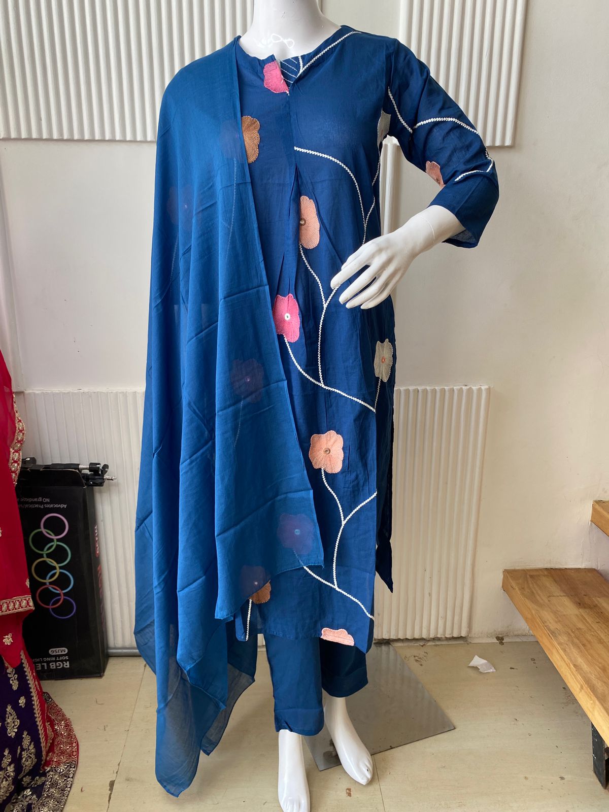 Blue Floral Embroidered Kurti Set