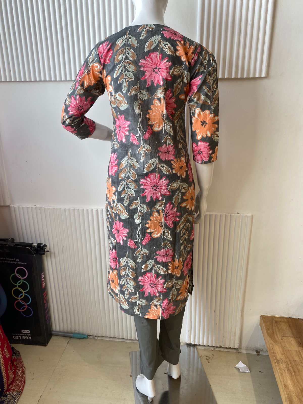 Grey Floral Print Kurti Set