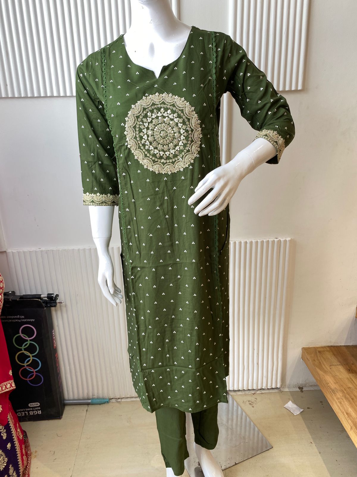 Dark Green Mandala Embroidered Kurti Set