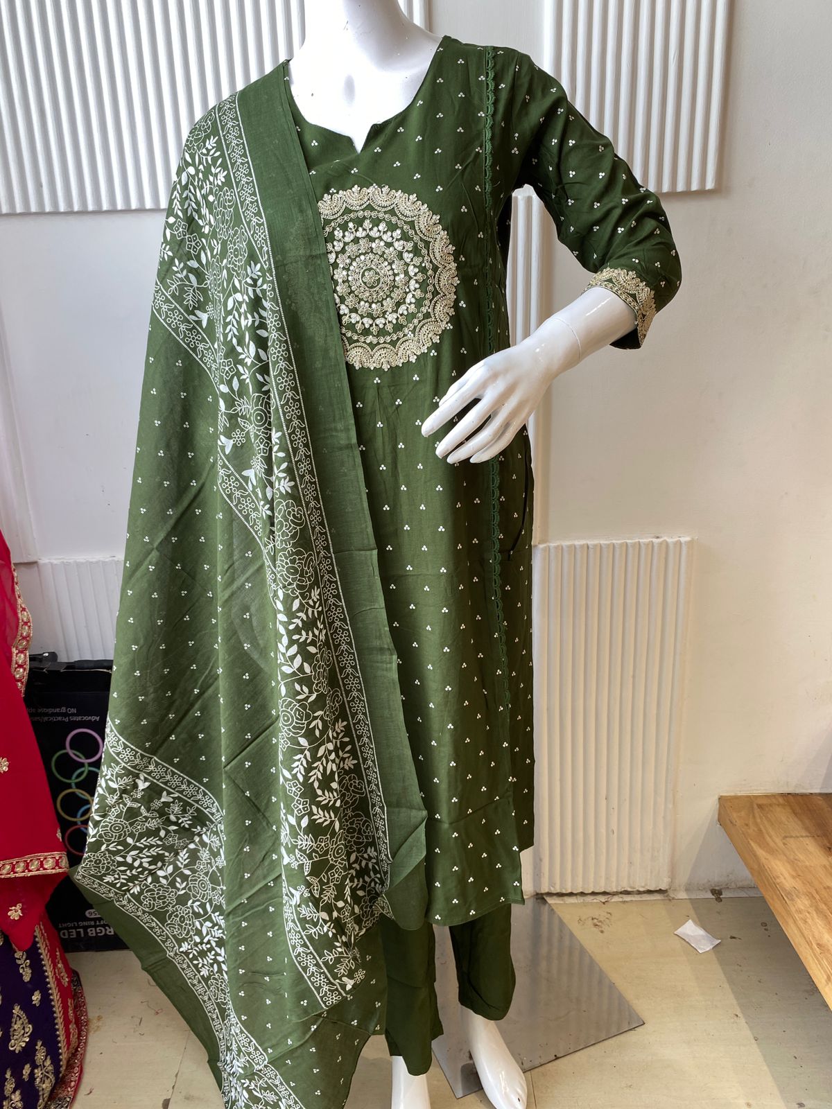 Dark Green Mandala Embroidered Kurti Set