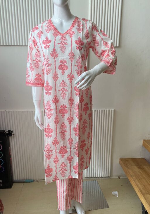 White & Pink Floral Printed Kurti Set with Striped Pants