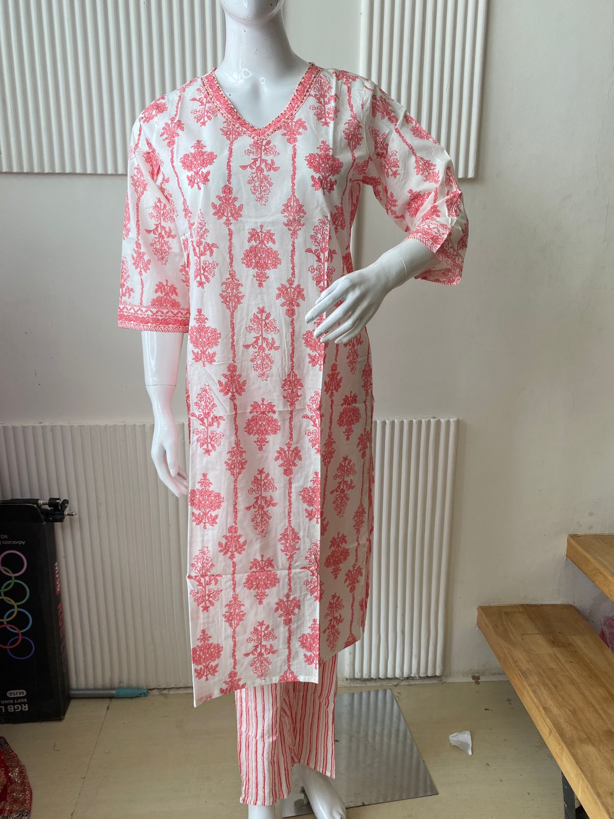 White & Pink Floral Printed Kurti Set with Striped Pants