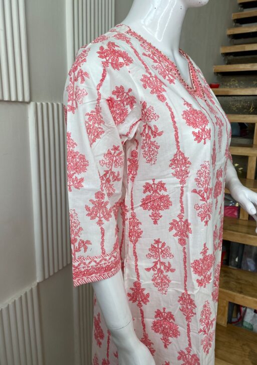 White & Pink Floral Printed Kurti Set with Striped Pants