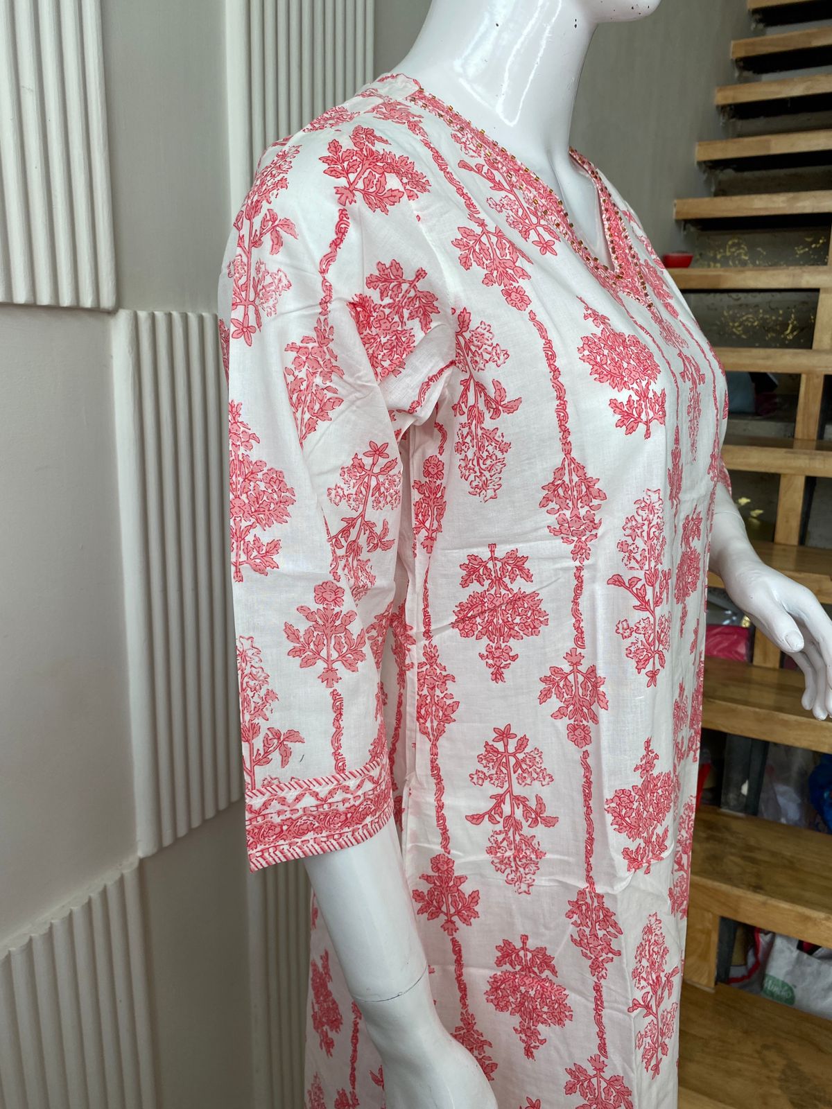 White & Pink Floral Printed Kurti Set with Striped Pants