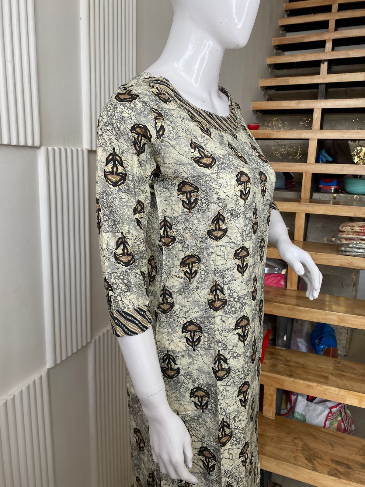 Beige & Black Printed Kurti Set with Striped Pants - Image 2