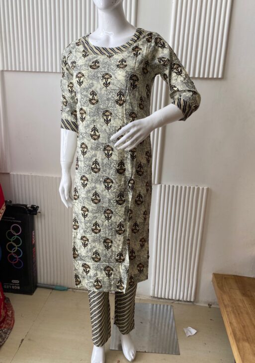 Beige & Black Printed Kurti Set with Striped Pants