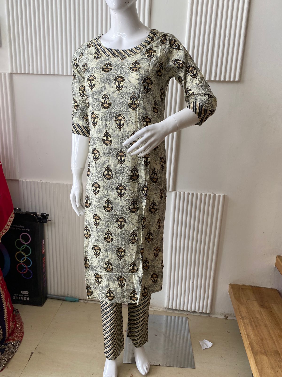 Beige & Black Printed Kurti Set with Striped Pants