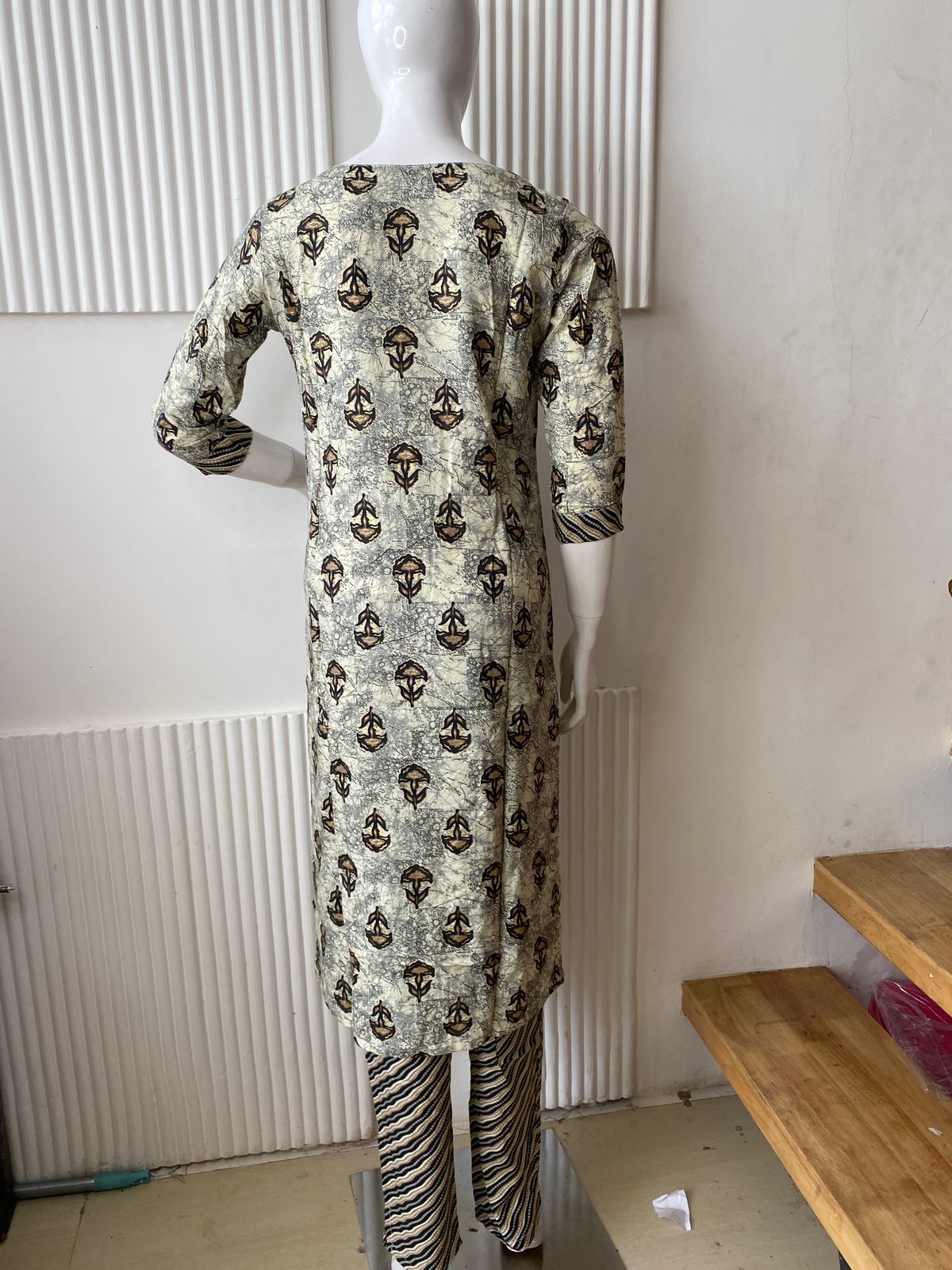 Beige & Black Printed Kurti Set with Striped Pants - Image 3
