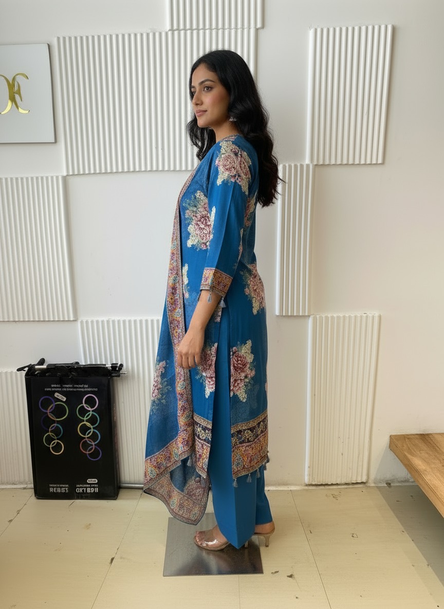 Pure Crepe Kurta Pant Dupatta Set - Image 3