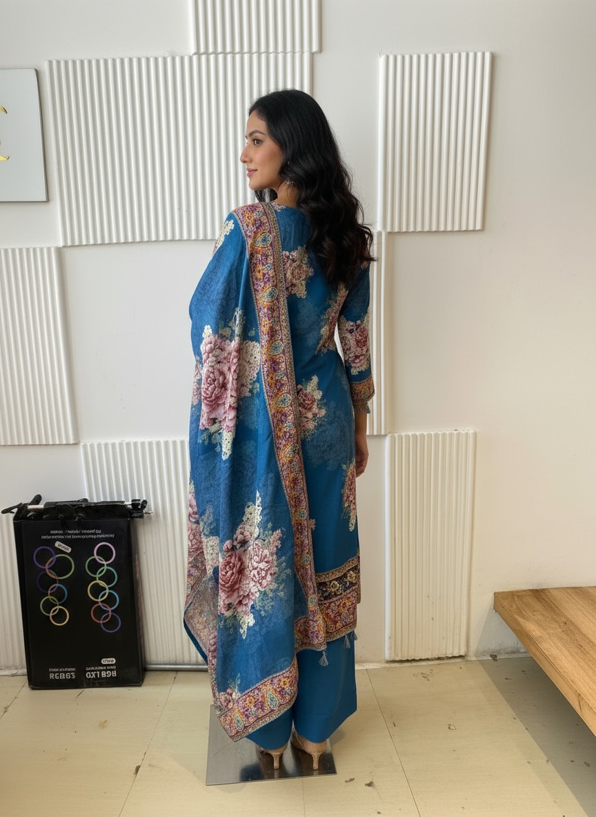 Pure Crepe Kurta Pant Dupatta Set - Image 1