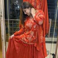 Rust Orange Floral Printed Kurti with Dupatta Set