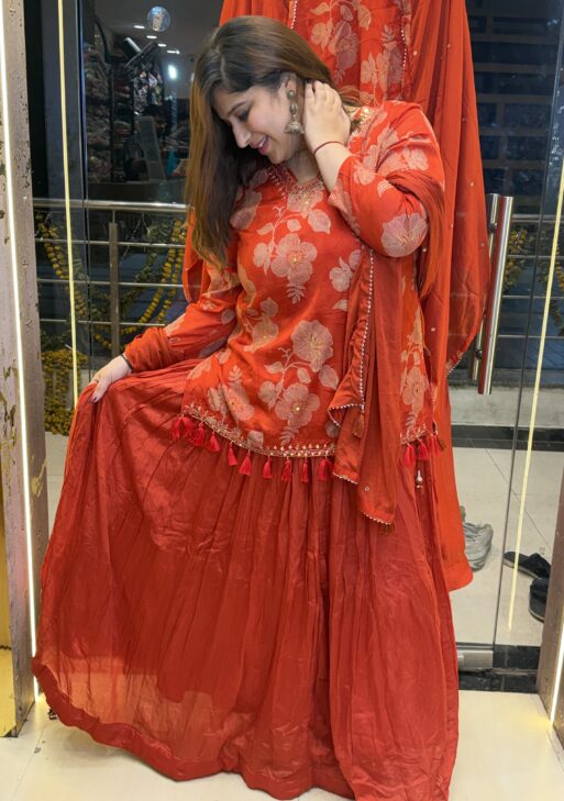 Rust Orange Floral Printed Kurti with Dupatta Set