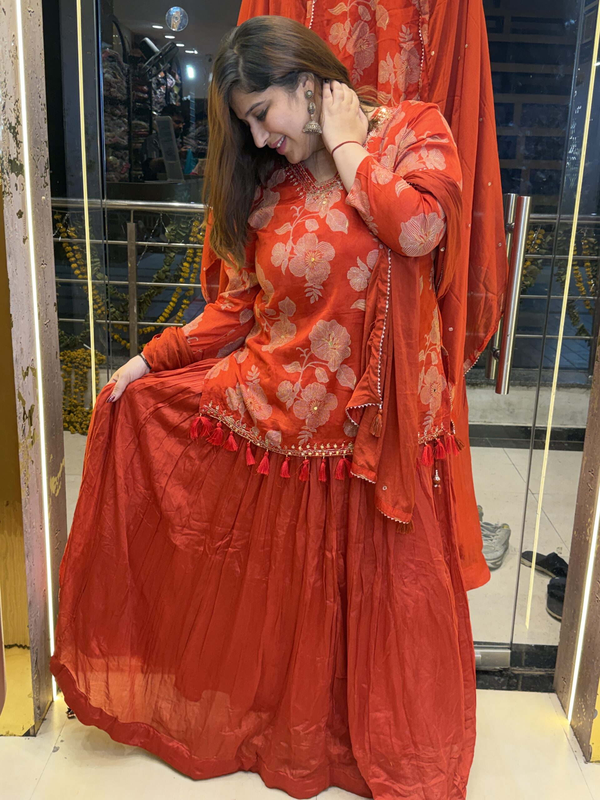 Rust Orange Floral Printed Kurti with Dupatta Set