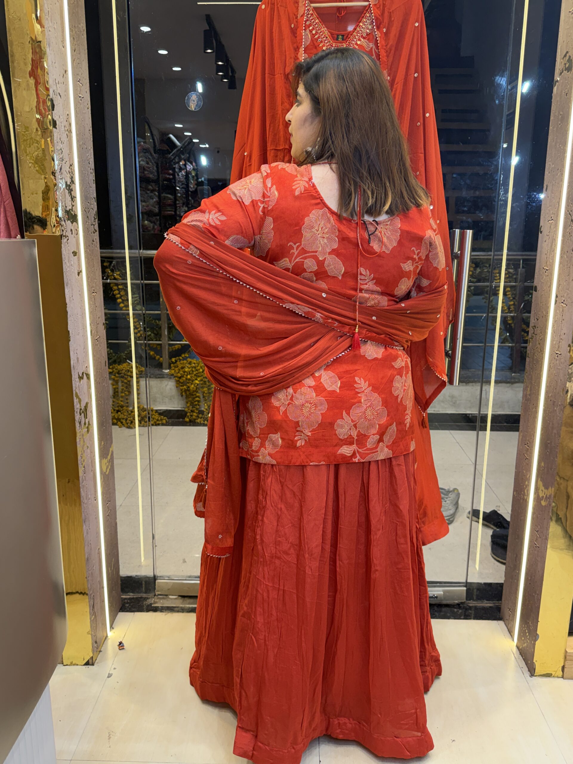 Rust Orange Floral Printed Kurti with Dupatta Set (1) - Image 2