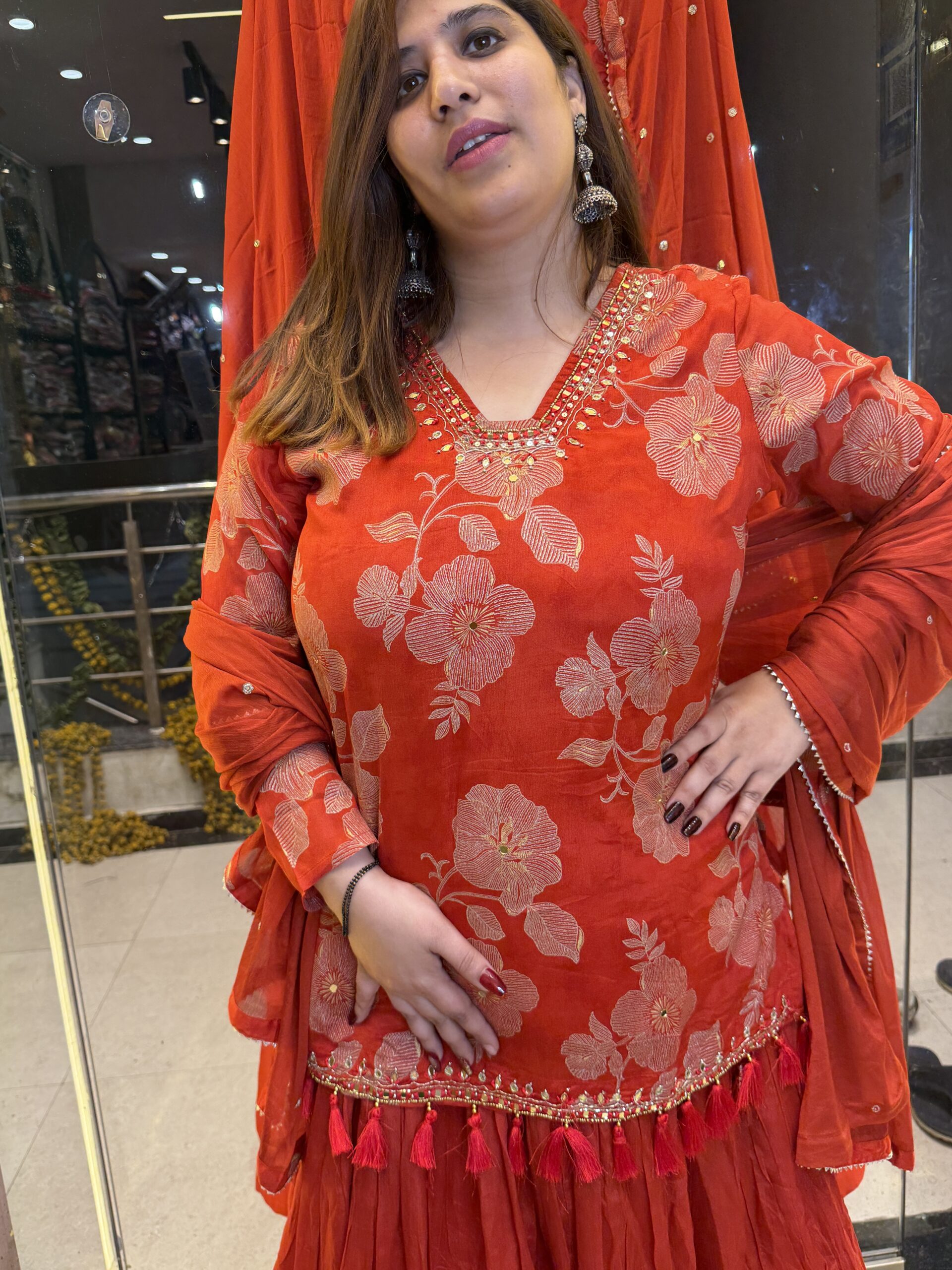 Rust Orange Floral Printed Kurti with Dupatta Set (1)