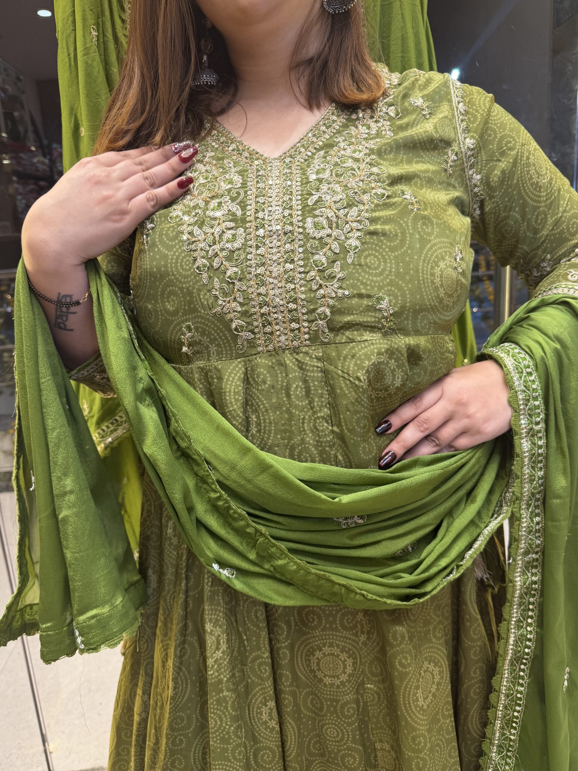 OLive Green Pure Crap Kurti Set - Image 2