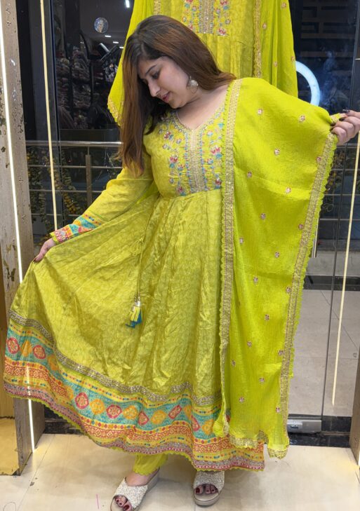 Lemon Green Pure Crap Ararkali 3Pec Kurti Sute