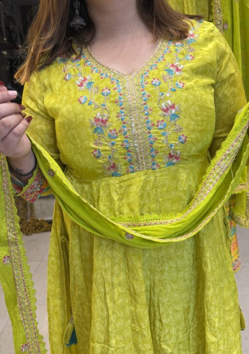 Lemon Green Pure Crap Ararkali 3Pec Kurti Sute