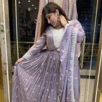 Pure Crap Light Lemender with Bandhej Prints 3 Piece Kurti Sute