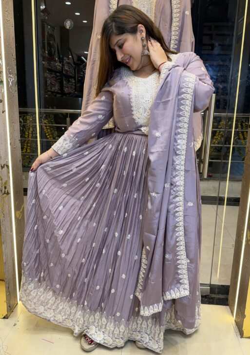 Pure Crap Light Lemender with Bandhej Prints 3 Piece Kurti Sute