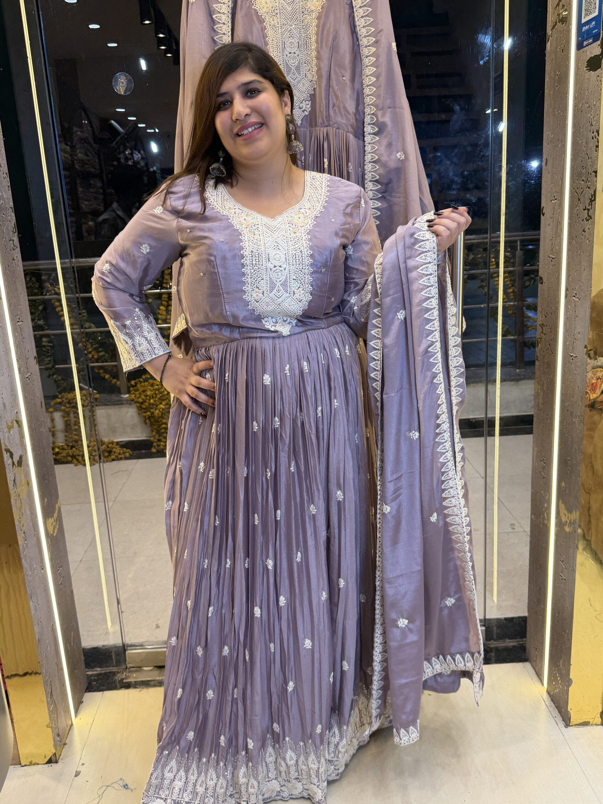 Pure Crap Light Lemender with Bandhej Prints 3 Piece Kurti Sute