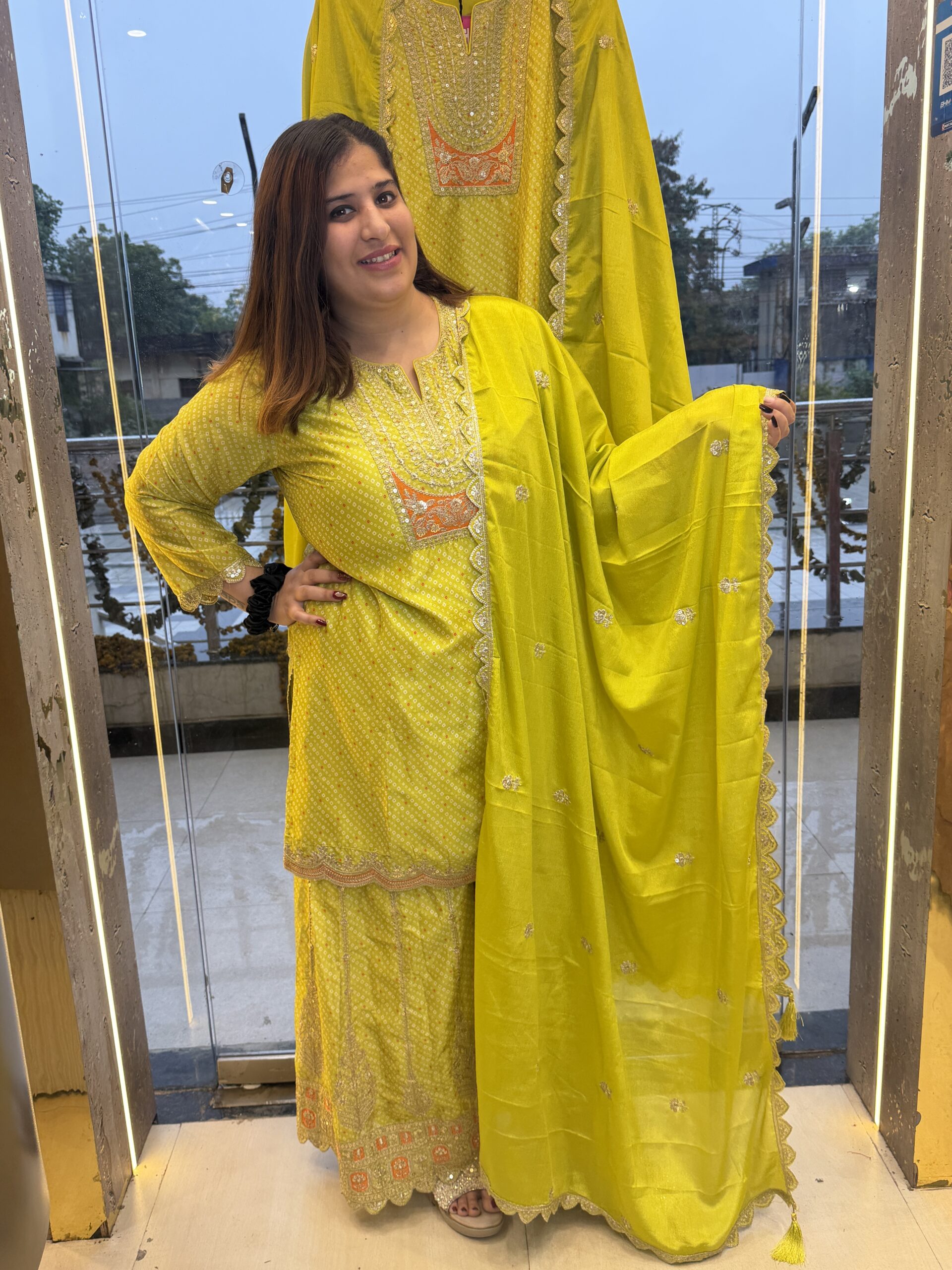 Neon Green Sarara Heavy Kurti Set With Bandhej Print - Image 4