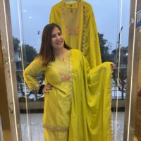 Neon Green Sarara Heavy Kurti Set With Bandhej Print