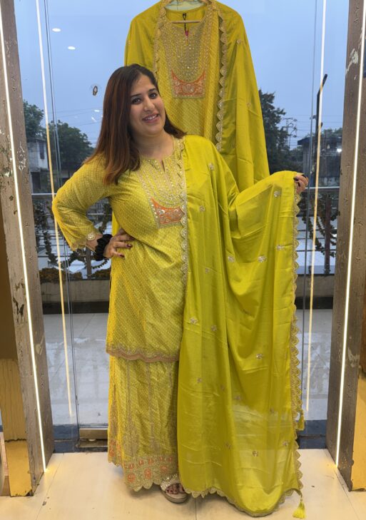 Neon Green Sarara Heavy Kurti Set With Bandhej Print