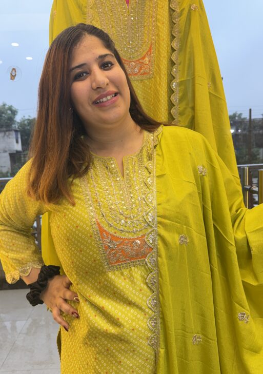 Neon Green Sarara Heavy Kurti Set With Bandhej Print