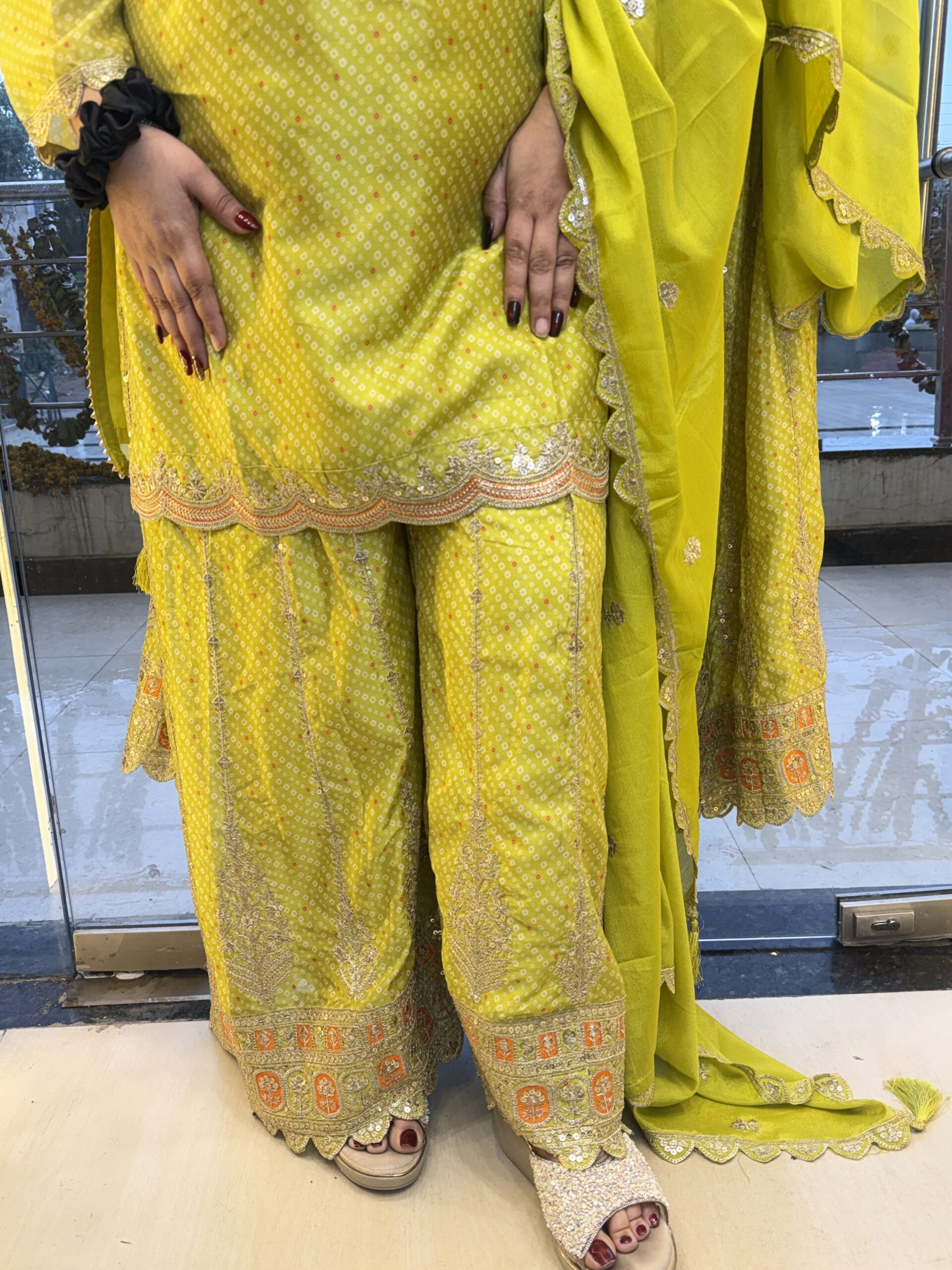 Neon Green Sarara Heavy Kurti Set With Bandhej Print - Image 2