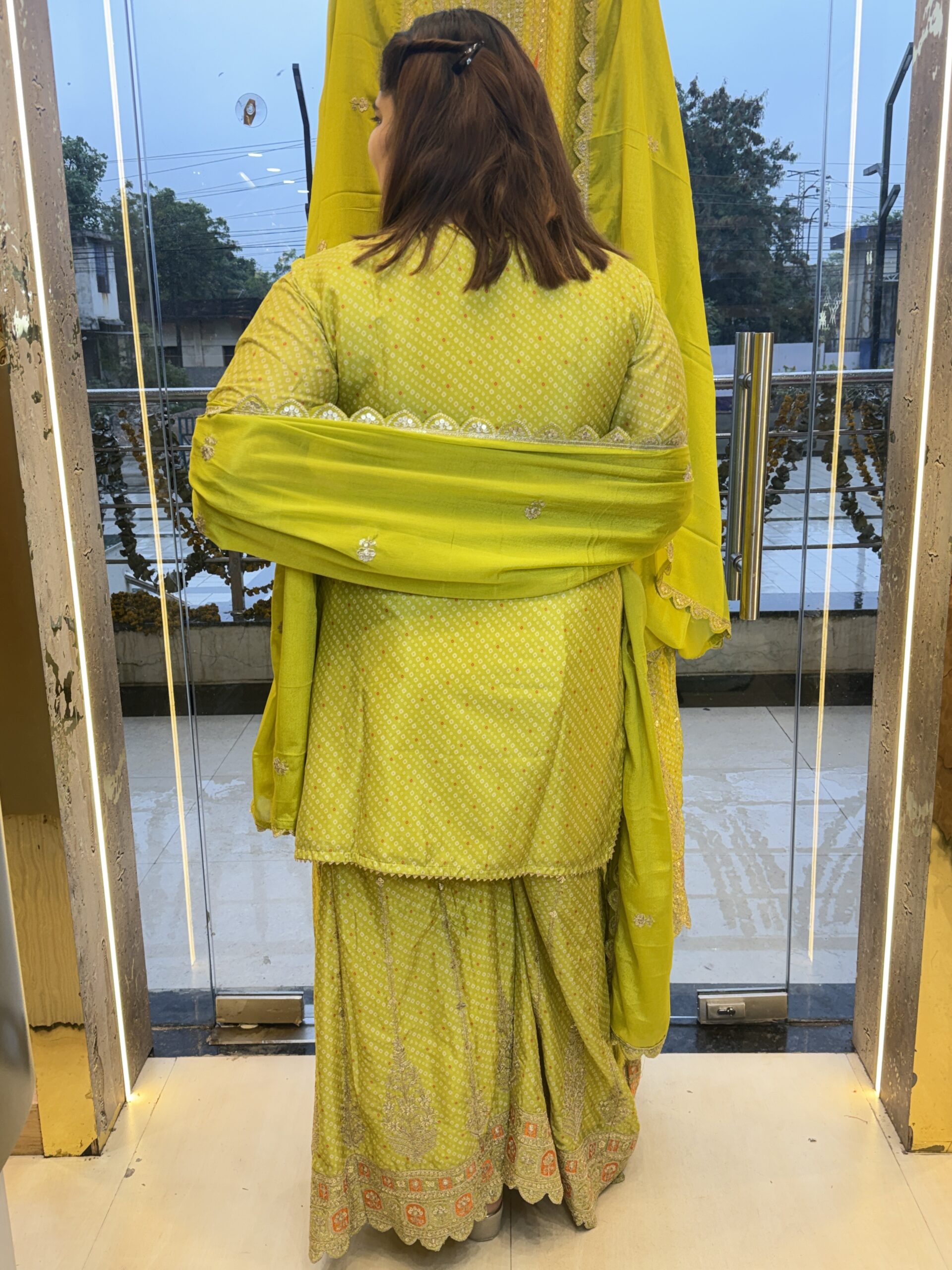 Neon Green Sarara Heavy Kurti Set With Bandhej Print - Image 3