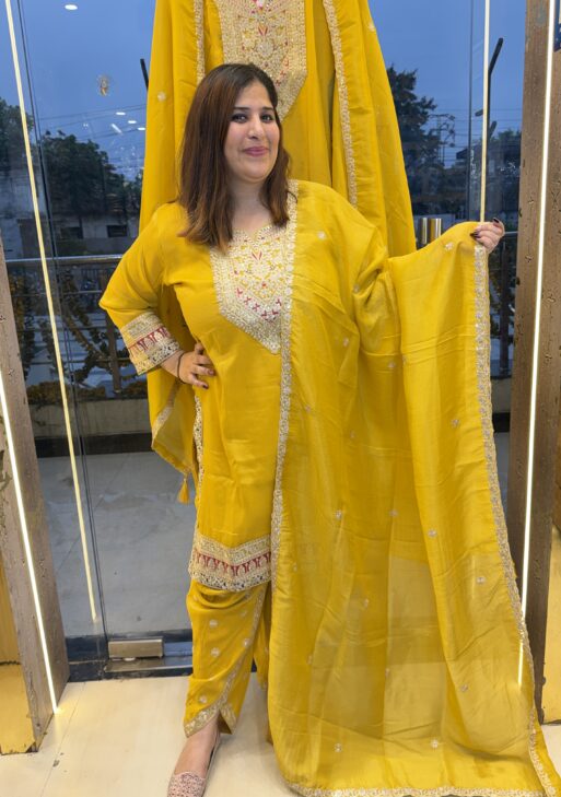 Pure Silk Mustard Yellow 3 Piece Dhoti Kurta For Women