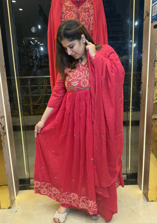 Pink Pure Cottan Angrekha Anarkali Kurti Set With Paints & Dupatta 3 Pice (9)