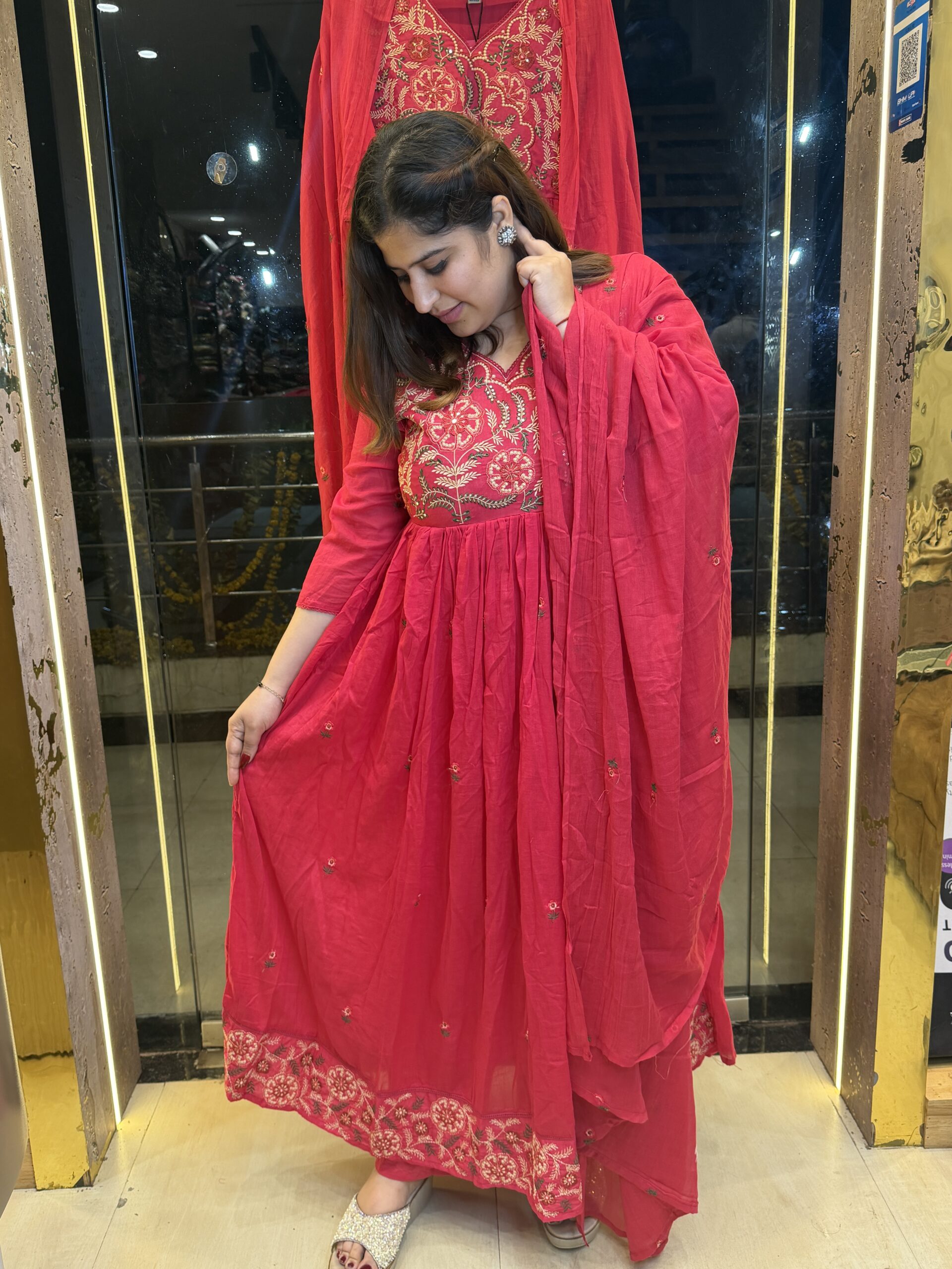 Pink Pure Cottan Angrekha Anarkali Kurti Set With Paints & Dupatta 3 Pice (9)