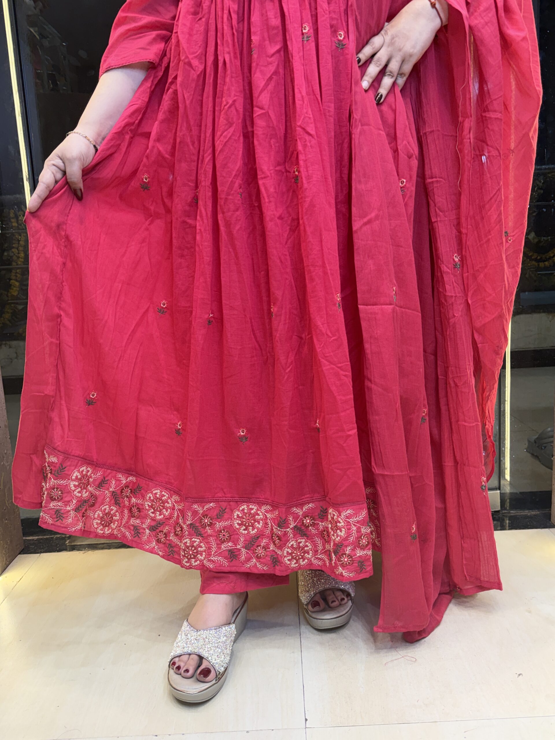 Pink Pure Cottan Angrekha Anarkali Kurti Set With Paints & Dupatta 3 Pice (9) - Image 3