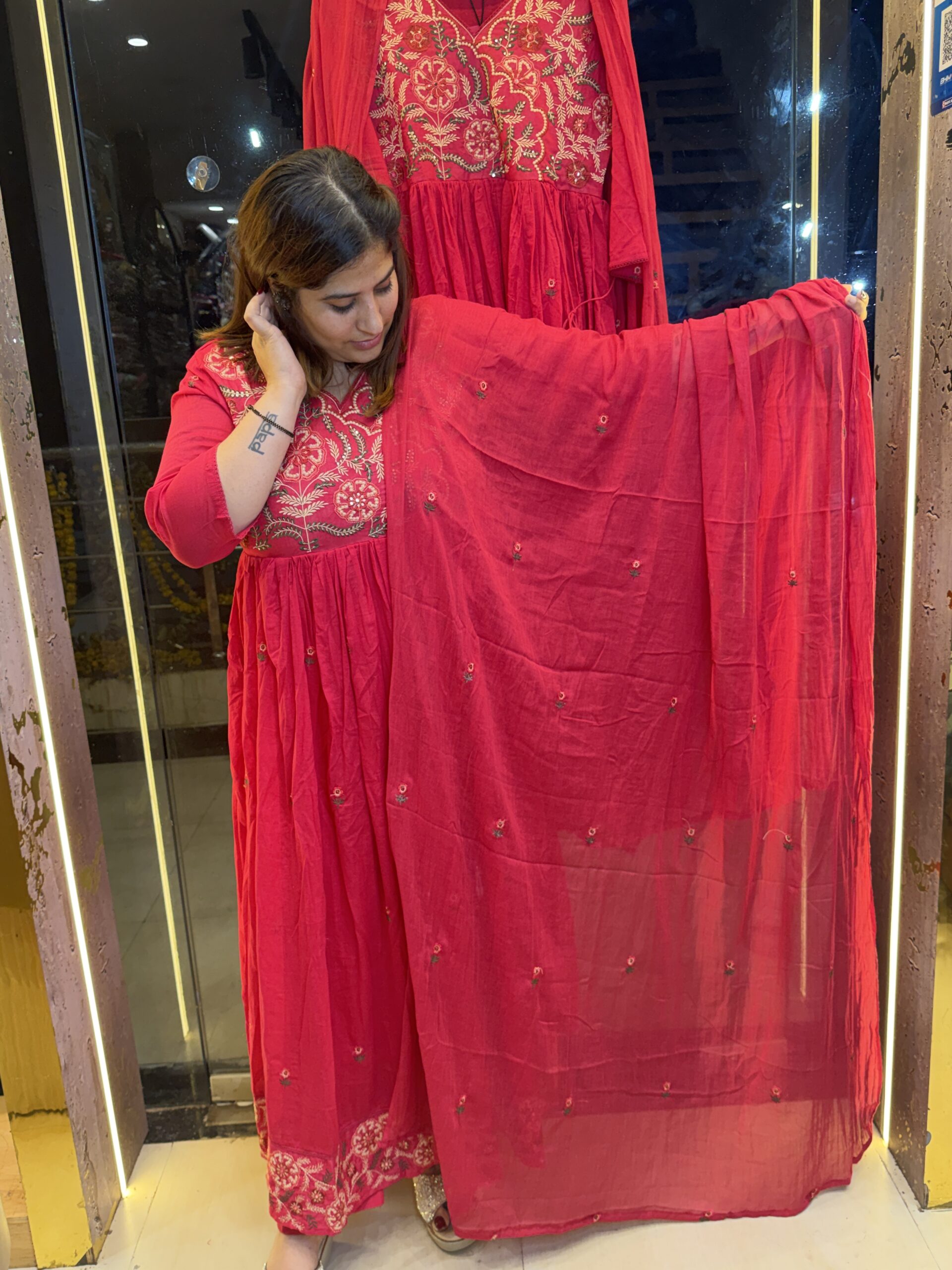 Pink Pure Cottan Angrekha Anarkali Kurti Set With Paints & Dupatta 3 Pice (9) - Image 2