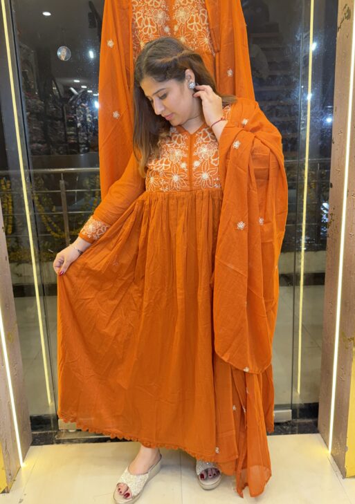 Pure Mul-Mul Cottan Rust Orange Anarkali Suit With Paints & Dupatta