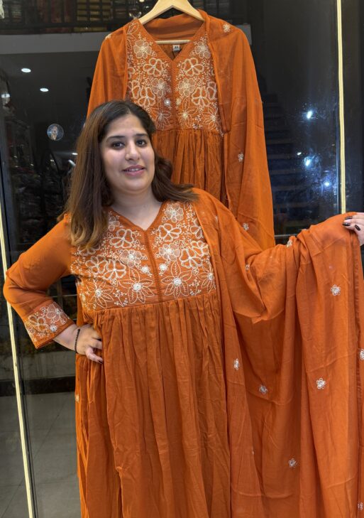 Pure Mul-Mul Cottan Rust Orange Anarkali Suit With Paints & Dupatta