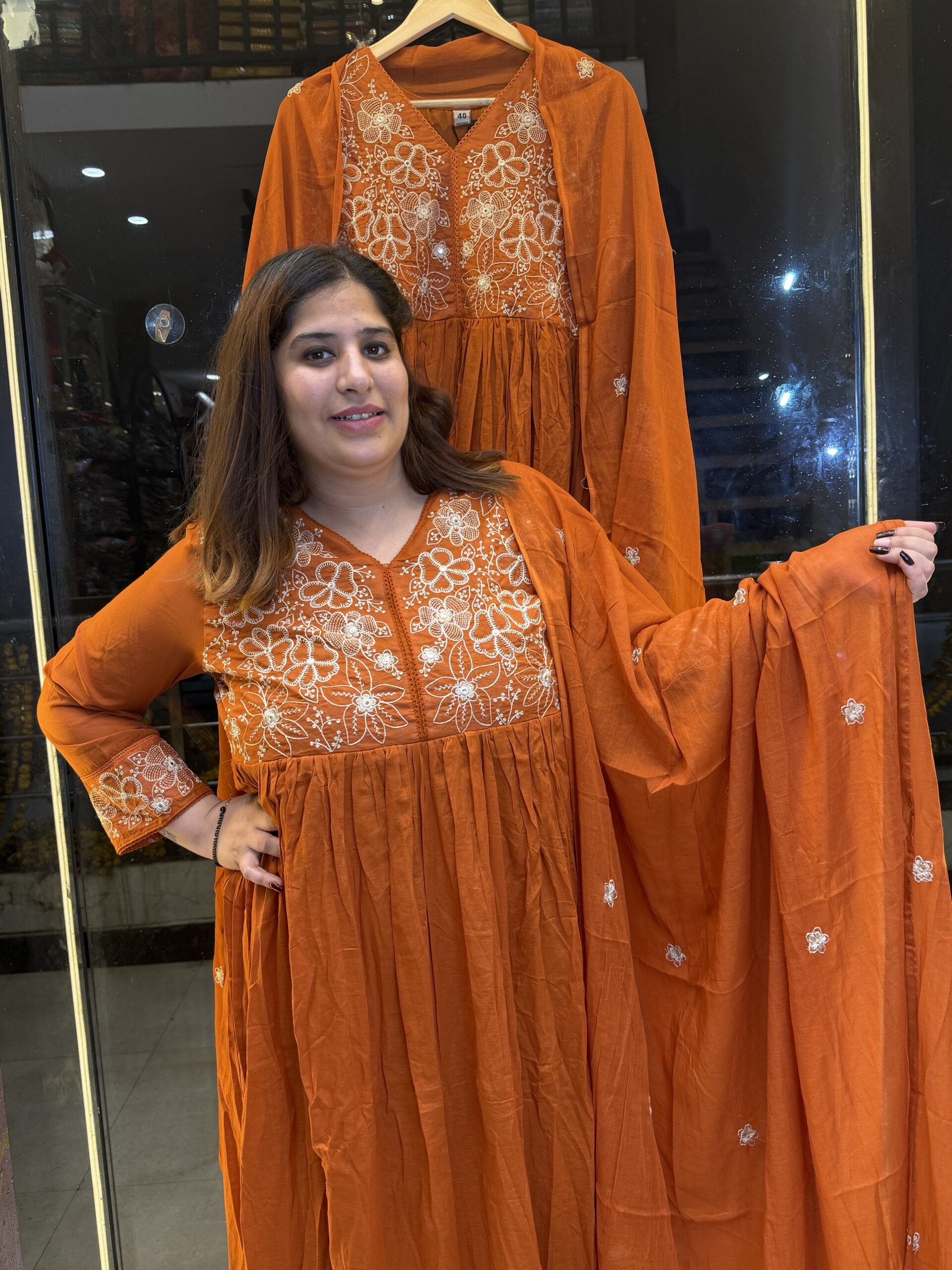 Pure Mul-Mul Cottan Rust Orange Anarkali Suit With Paints & Dupatta
