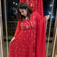 Cherry Red Pure Mul-Mul Cottan Anarkali Kurta Set For Women