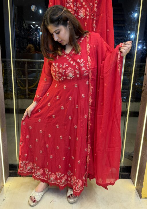 Cherry Red Pure Mul-Mul Cottan Anarkali Kurta Set For Women