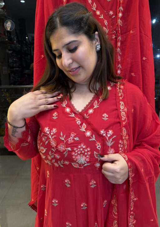 Cherry Red Pure Mul-Mul Cottan Anarkali Kurta Set For Women