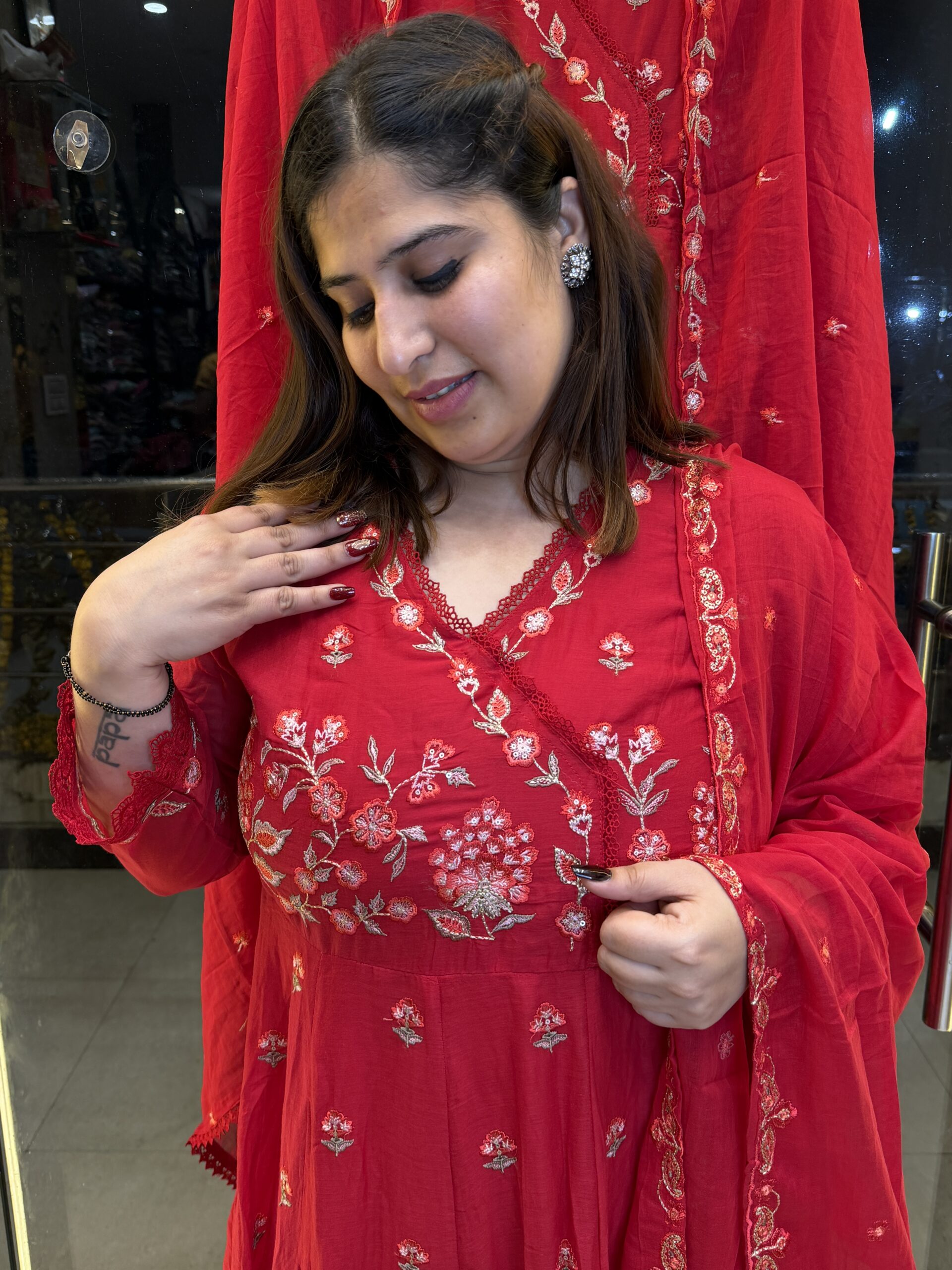 Cherry Red Pure Mul-Mul Cottan Anarkali Kurta Set For Women