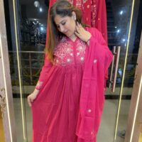 Pure Mul-Mul Cottan Rani Pink Anarkali Suit With Paints & Dupatta
