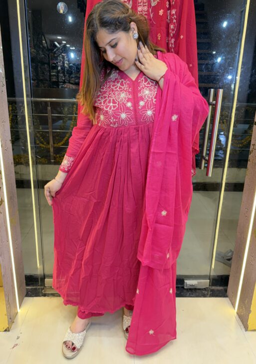 Pure Mul-Mul Cottan Rani Pink Anarkali Suit With Paints & Dupatta