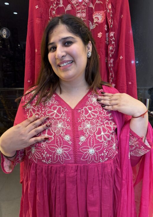 Pure Mul-Mul Cottan Rani Pink Anarkali Suit With Paints & Dupatta