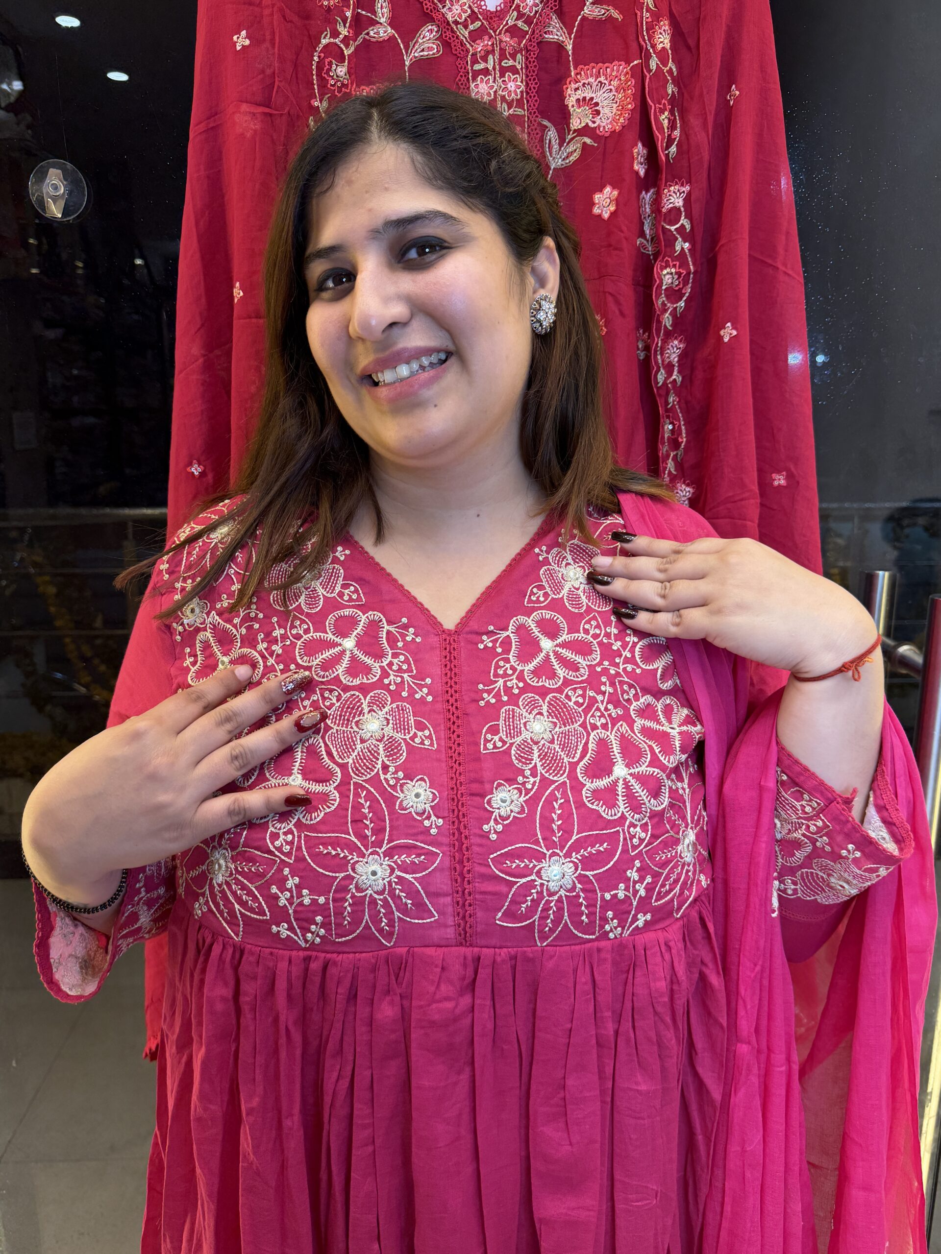 Pure Mul-Mul Cottan Rani Pink Anarkali Suit With Paints & Dupatta