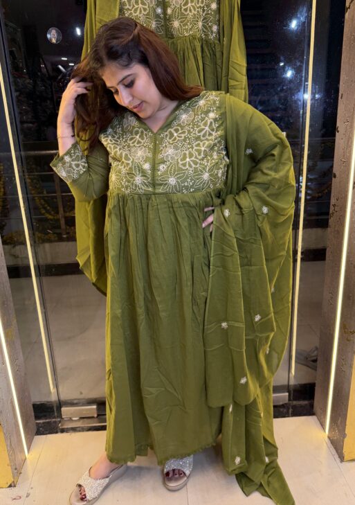Pure Mul-Mul Cottan Mehandi Green Anarkali Suit With Paints & Dupatta