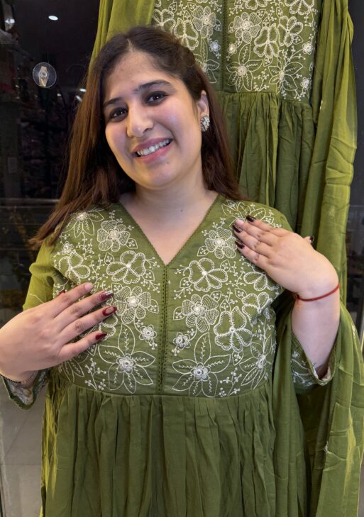 Pure Mul-Mul Cottan Mehandi Green Anarkali Suit With Paints & Dupatta