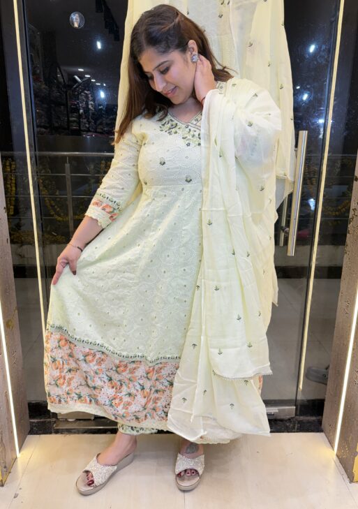 Pure Mull-Mull Cottan Pista Green Anarkali Kurti Set With Paints & Dupatta (24)